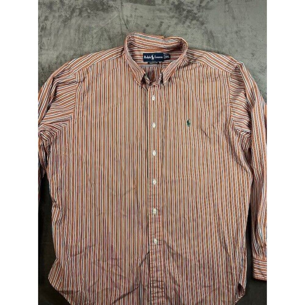 Ralph Lauren Orange Stripe Button Down Shirt Long Sleeve XXL 2XL Classic Fit